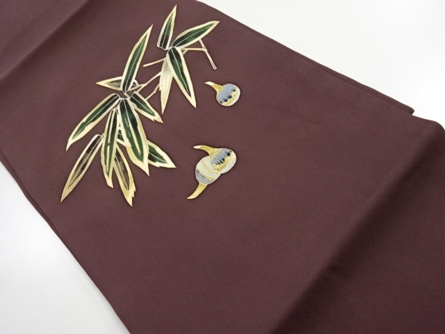 リサイクル　塩瀬手描き笹にくわい模様刺繍名古屋帯